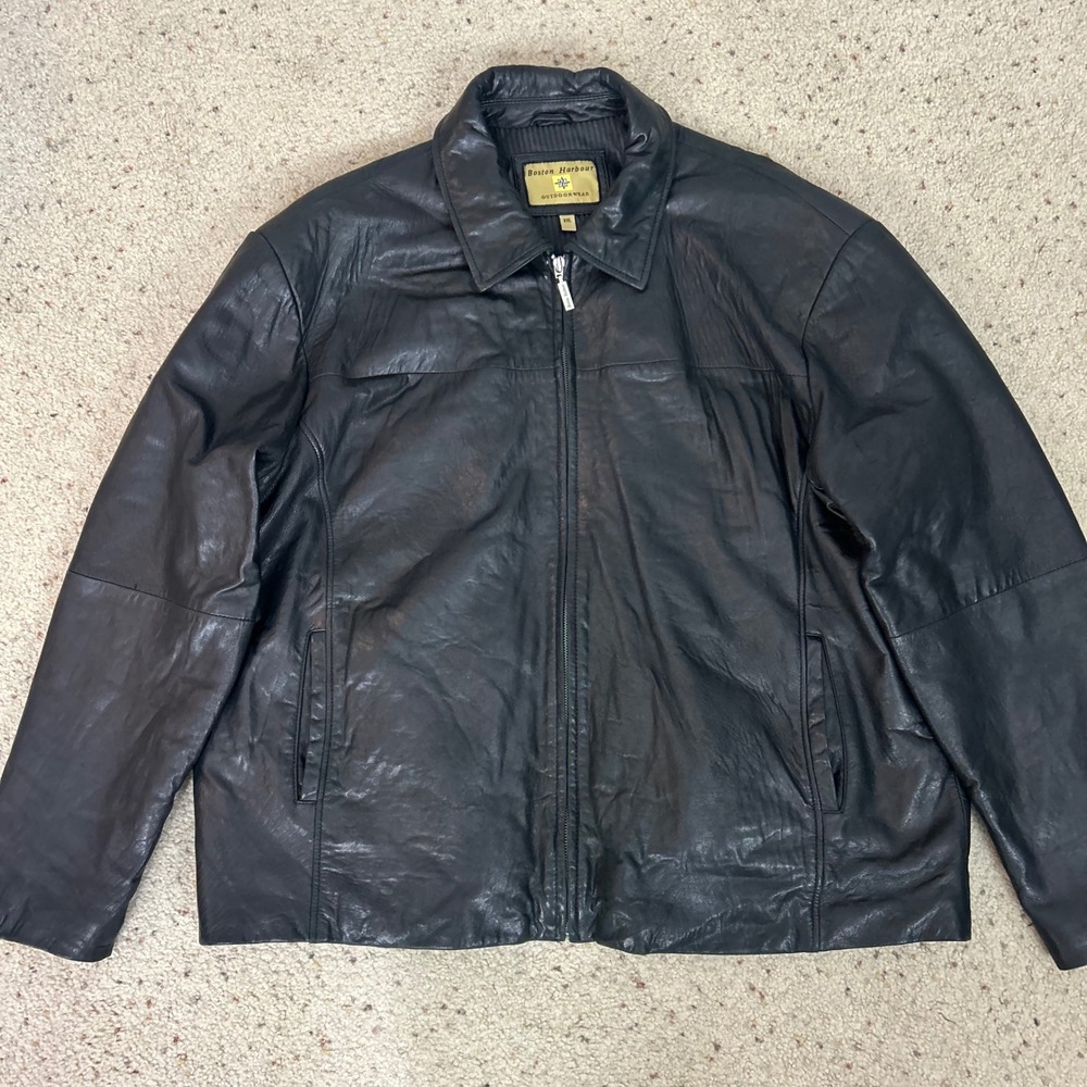 Vintage Boston Harbour Leather Bomber Jacket Black Full Zip Size XXL Men's
